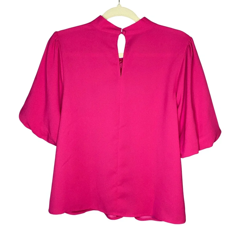 LOFT Magenta Pink Twist Front Puff Sleeve Blouse Medium Mock Neck Keyhole Blouse